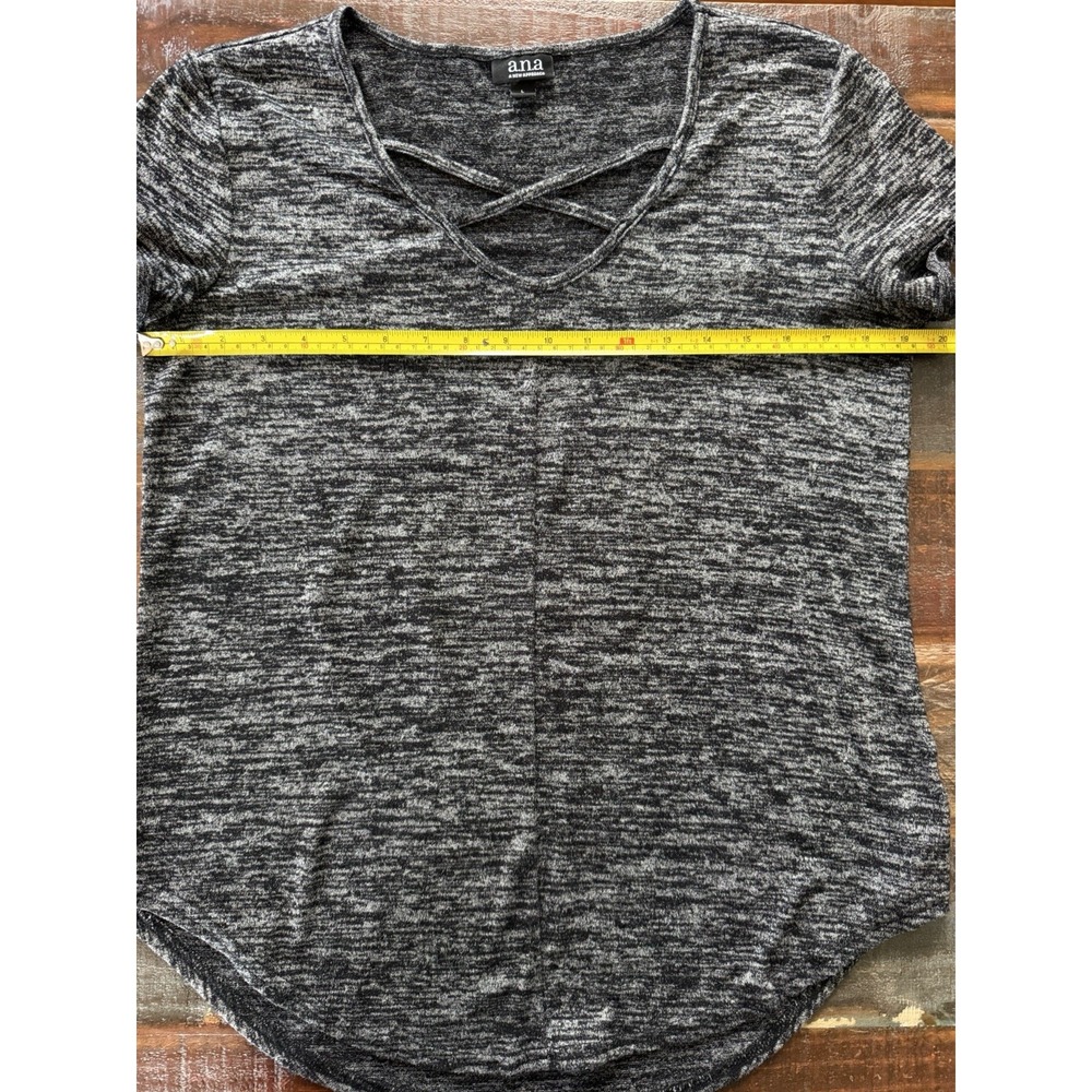a.n.a Women's L Heather Black Criss-Cross Neck Short Sleeve Sweater | SKU 0243 - Picture 3 of 6